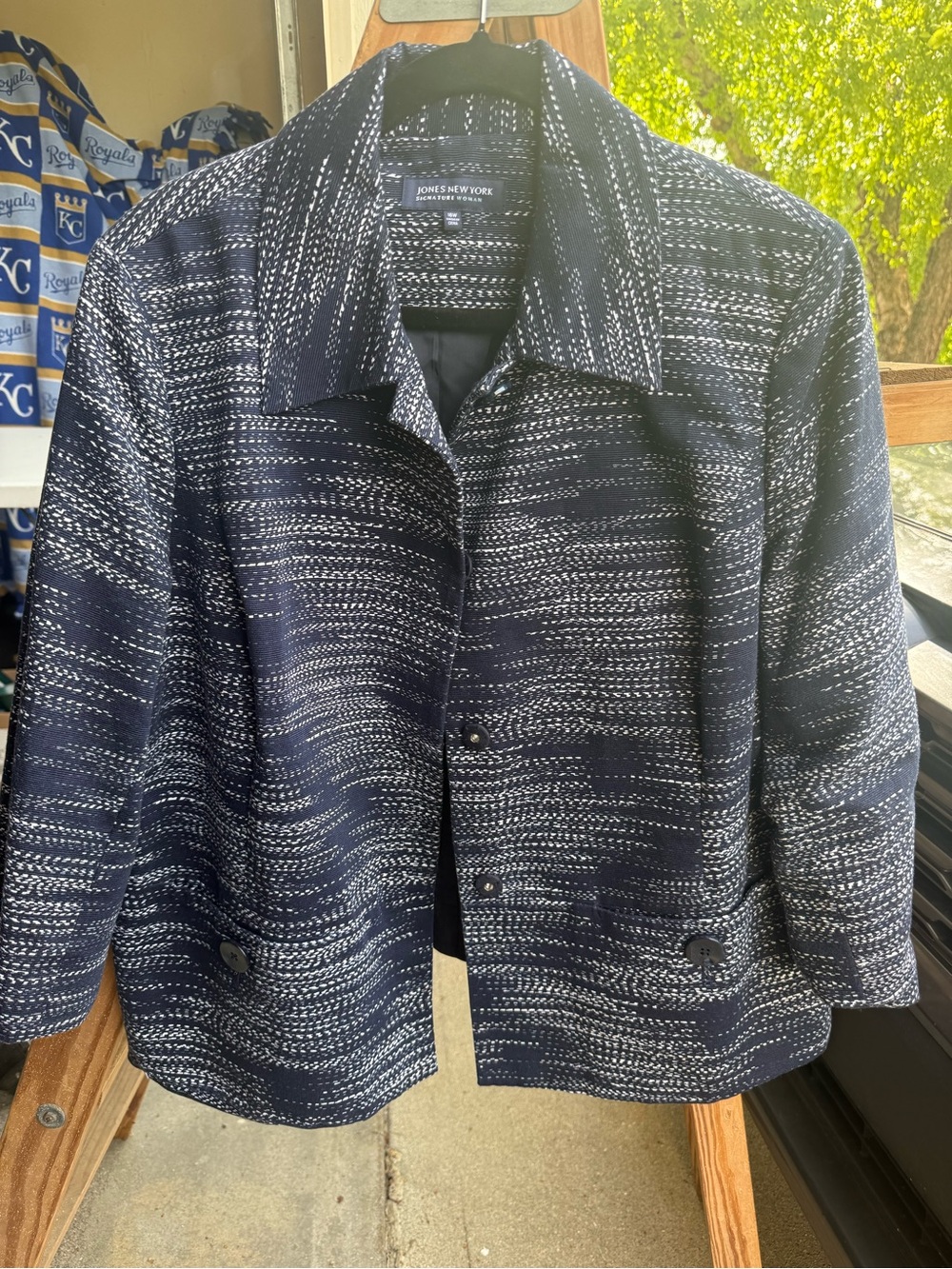 Jones New York Navy & White Textured Button Jacket